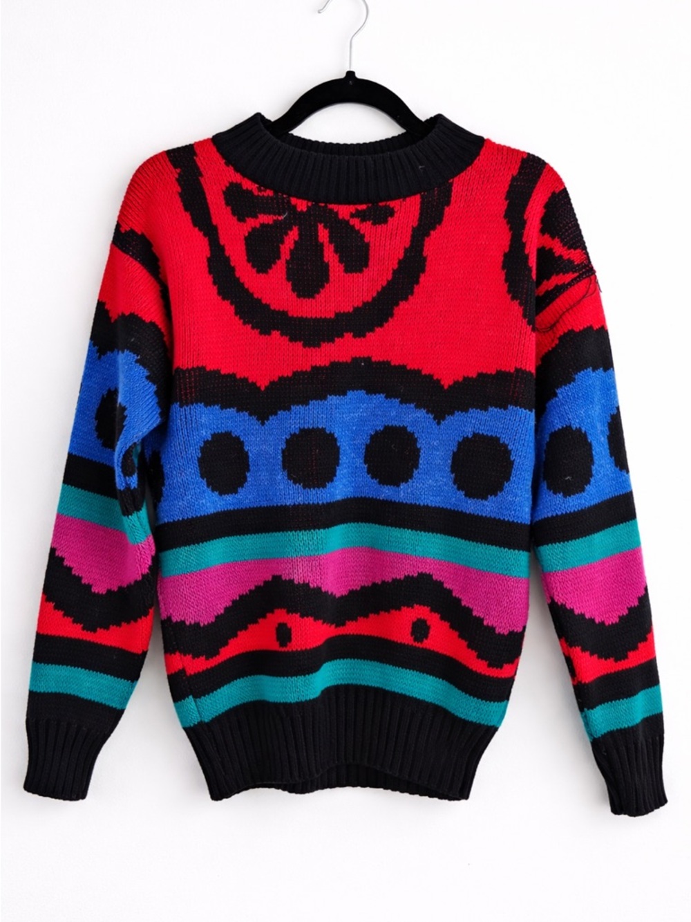 Colorblock Graphic Crewneck Sweater - Red, Blue & Pink